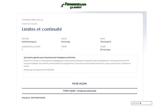 FICHE DE COURS Mathematiques Terminale D Limites et continuite BY TEHUA
