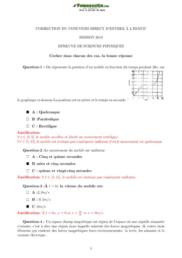 Sujet corrigé de Physique concours direct d’entrée à l'ESATIC session 2014