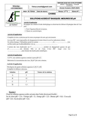 FICHE DE TRAVAUX DIRIGES CHIMIE 2nde C SOLUTIONS ACIDES ET BASIQUES  MESURES DE pH