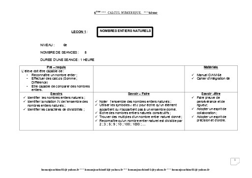Fiche de cours Maths 6ième Leçon 1 Nombres Entiers Naturels by TEHUA