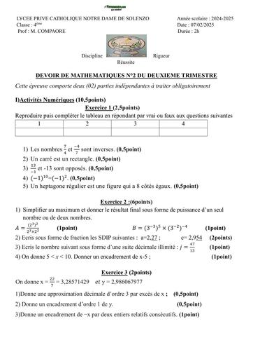 DEVOIR DE MATHS NIVEAU 4ième LYCEE PRIVE CATHOLIQUE NOTRE DAME N°2 TRIM 2 2024 BY TEHUA