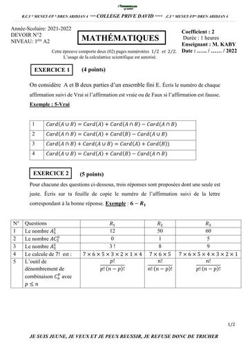 DEVOIR DE MATHS NIVEAU 1ière A2 COLLEGE DAVID 2022 BY TEHUA