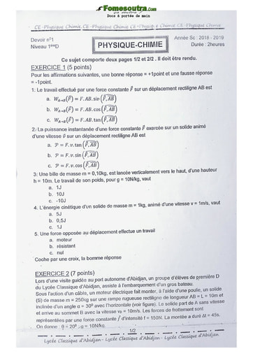 Sujet de Physique chimie Première D 2019