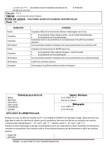 FCICHE DE COURS PC 2nde C L 10 SOLUTIONS ACIDES BASIQUE MESURE DE PH by TEHUA
