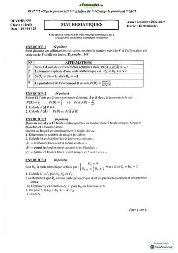 Devoir de classe 29 avril 2025 trimestre 3 MATHS 1ière D by TEHUA