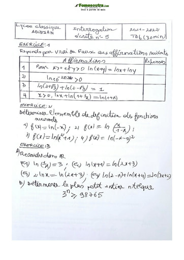 Devoir Mathématique Terminale C Lycée Classique Abidjan 2021-2022