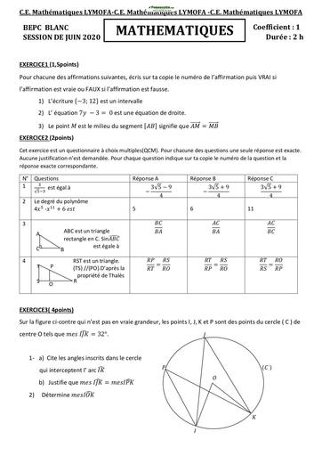 Sujet de BEPC Blanc Mathématique 2020