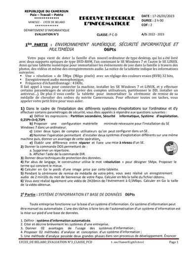 LycéeBelabo Info 1èreCD Eval3 2023