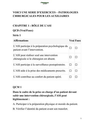 INFAS QCM SERIES D'EXERCICE pathologies chirurgicales + corrigé by TEHUA