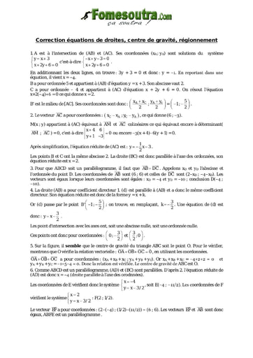 Corrigé Equations de droites: Centre de gravité, régionnement - Maths niveau 2nd C