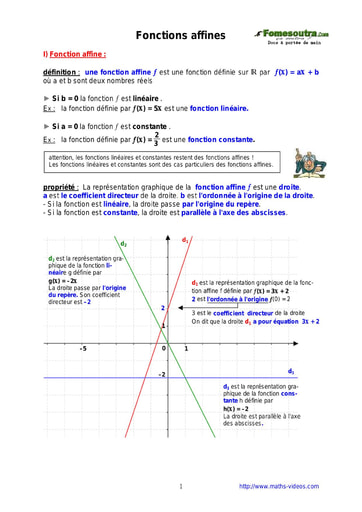 Fonctions affines - Cours maths niveau 2nd C