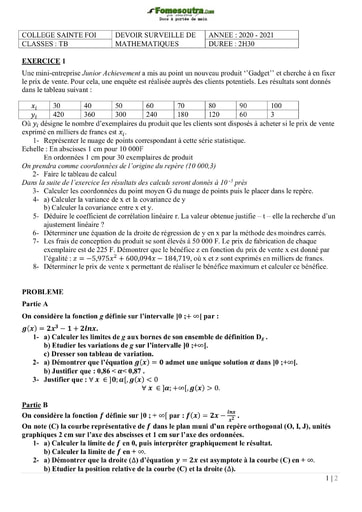 DEVOIR Mathématique Terminale D Groupe Scolaire Sainte Foi 2020-2021