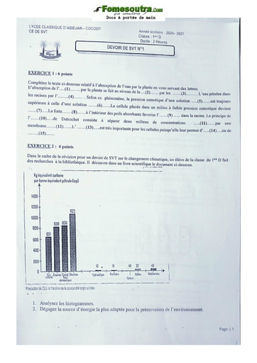 Sujet SVT Première D Lycée Classique Abidjan