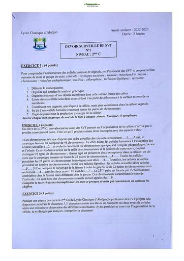 Sujets de SVT niveau Seconde C Lycée Classique Abidjan 2022-2023