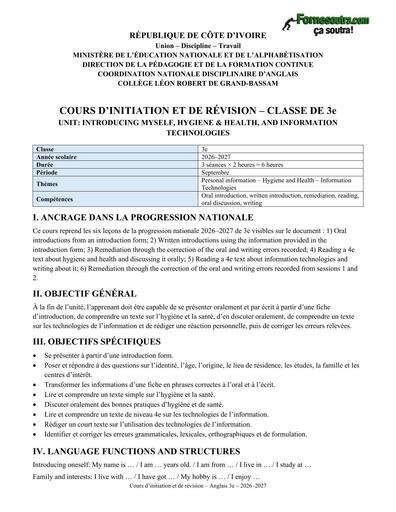 Cours initiation revision 3e Anglais 3 seances 2026 2027 BY TEHUA