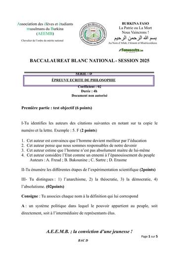 BAC BLANC 2025 SERIE D AEEMB Sujet PHILO BURKINA FASO BY TEHUA