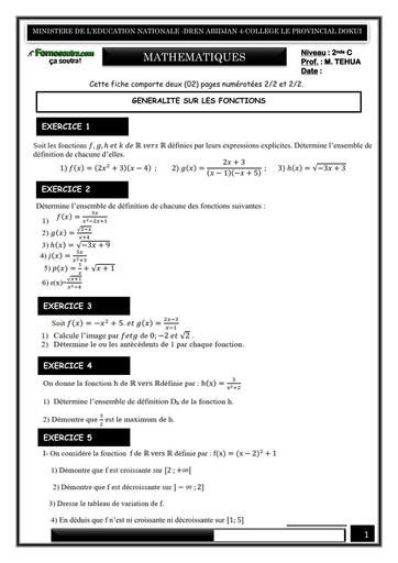 FICCHE DE TRAVAUX DIRIGES 1 MATHS 2nde C GENERALITE SUR LES FONCTION by TEHUA
