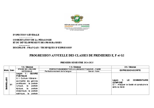 PROGRESSION ANNUELLE DES CLASSES DE PREMIERE E  F G2