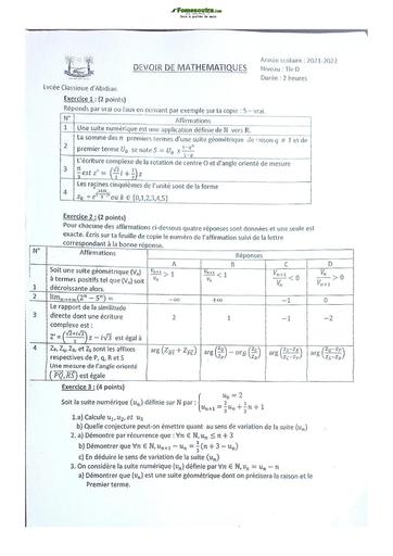 Sujet Prépas BAC Mathématique TD Lycée Classique Abidjan 2022-2023
