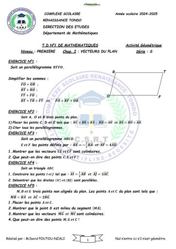 FICHE DE TD OUTILS VECTORIELS DU PLAN 1ère S BY TEHUA