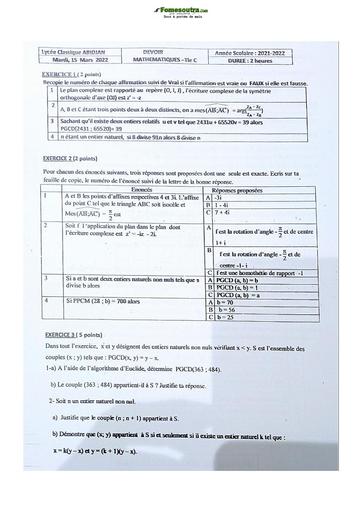 Sujet de Mathématique Terminale C Lycée Classique 2021-2022