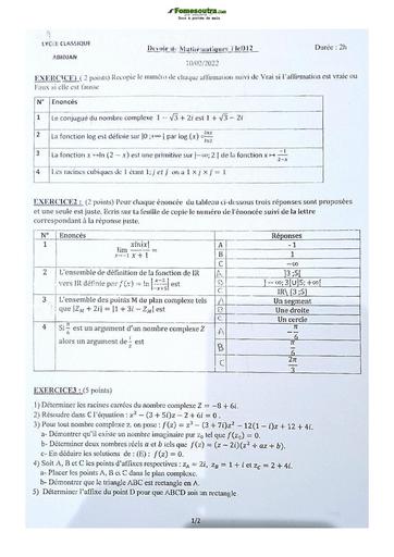 Sujet de Mathématiques Terminale D Lycée Classique 2021-2022