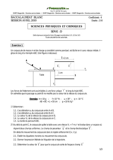 Sujet de Physique-Chimie BAC blanc Avril 2010 série D EMPT Bingerville