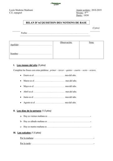 DEVOIR D'ESPAGNOL NIVEAU 4ième février 2026  Lycée Moderne Madinani by TEHUA