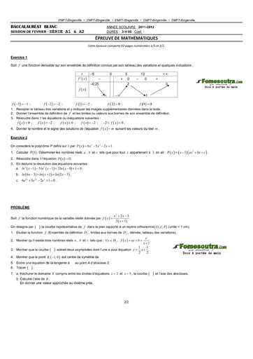 Sujet de Maths BAC blanc 2012 série A1 et A2 - EMPT Bingerville