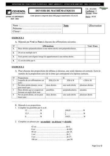 DEVOIR DE Maths NIVEAU 6ième 25 26 Trimestre 1 Cevenol by TEHUA