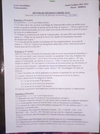 Devoir de Physique Chimie (travail, puissance mécanique et les alcanes) - Lycée Scientifique de Yamoussoukro - Année scolaire 2021-2022