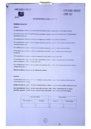 Sujet SVT Terminale C Lycée Classique Abidjan 2022-2023