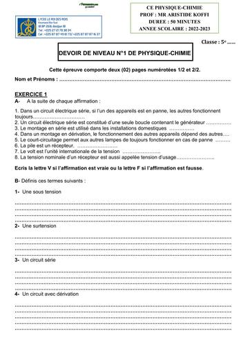 DEVOIR DE PC NIVEAU 5ième LYCEE LE ROI DES ROIS 2023 BY TEHUA