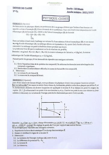 Sujet de Physique-Chimie Première C Lycée Classique Abidjan 2023