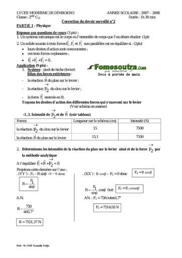 Corrigé Devoir 10 de Physique-Chimie niveau 2nd C