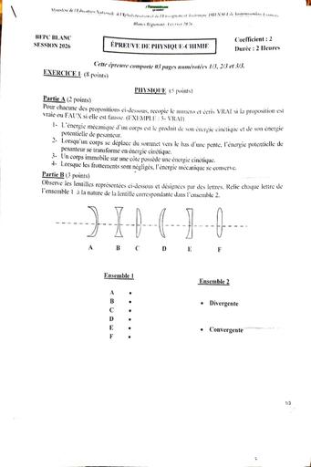 BEPC BLANC 2026 DRENA YAMOUSSOUKRO SUJET PC (SUJET) by TEHUA