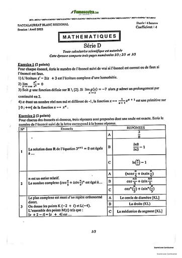 SUJET ET CORRIGE BAC BLANC 2023 MATHEMATIQUES SERIE D REGIONAL DE BASSAM COTE D'IVOIRE