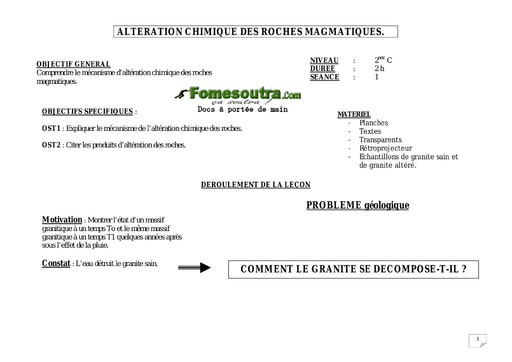 Altération chimique des roches magmatiques - SVT 2nd C