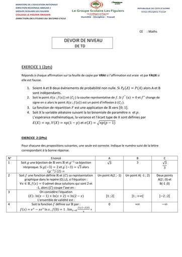 BAC MARS 2026 DRENA ABIDJAN 1 FIGUIER SUJET MATHS SERIE D (SUJET) by TEHUA