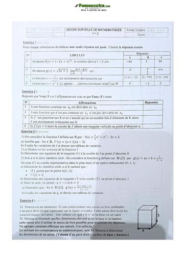 Sujet de Mathématique Première C Lycée Classique 2021-2022