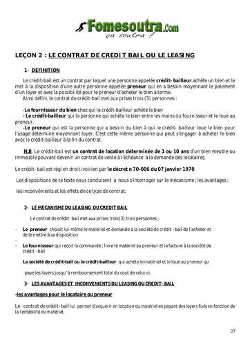 Le contrat de crédit bail ou leasing - Tle G1 et G2