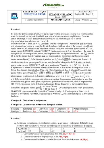 EXAMEN BLANC 2025 MATHS 1ière C4 Lycée scientifique Auguste le Grand by TEHUA