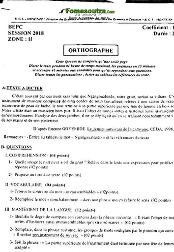 Sujet corrigé et barème de Physique Chimie BEPC 2018 zone 2