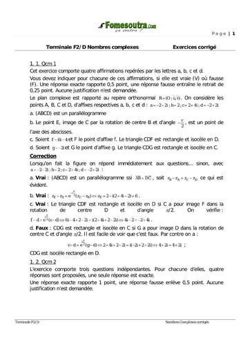 Sujets corrigés de Maths portant sur les nombres complexes - Terminale F2