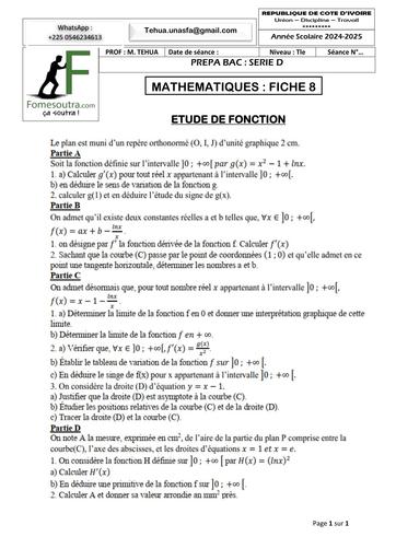 PREPA BAC 2025 SERIE D MATHS FICHE 8 ETUDE DE FONCTION LN BY TEHUA