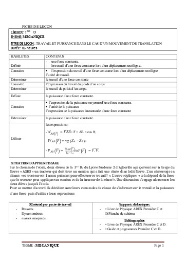 FCICHE DE COURS PC 1ière D L1  TRAVAIL ET PUISSANCE by TEHUA