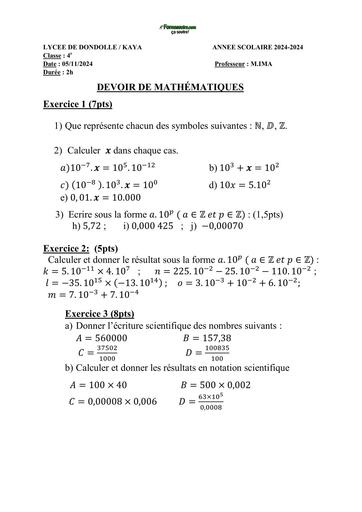 SUJET 4ième DEVOIR DE MATHS N°1 4eme LYCEE DE BONDOLLE KAYA BY TEHUA