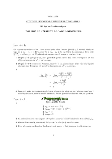 Corrigé Calcul numérique ISE option maths 2008 (ENSEA - ISSEA - ENSAE)