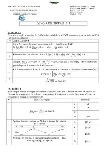 DEVOIR DE NIVEAU MATHS Tle D TRIMESTRE 1 COLLEGE LES GRACES ABOBO 2022 BY TEHUA