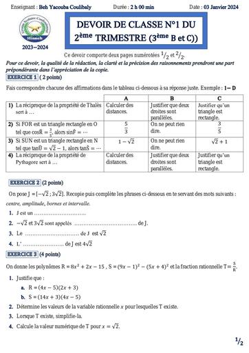 DEVOIR DE CLASSE Maths 3ième N°1 DU deuxième TRIMESTRE by Tehua